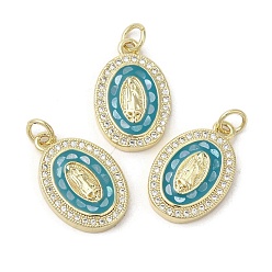 Dark Turquoise Brass Micro Pave Cubic Zirconia Pendants, with Enamel & Shell, Long-Lasting Plated, Lead Free & Cadmium Free, Real 18K Gold Plated, Oval with Virgin Mary, Dark Turquoise, 19.5x12.5x3mm, Hole: 3mm