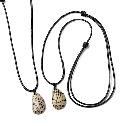 Далматинских Джаспер Подвеска-слеза из натуральной далматинской яшмы, регулируемые ожерелья из черного вощеного шнура, 14.96~29.53 дюйм (38~75 см)