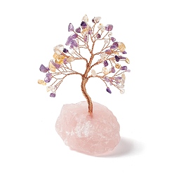 Yellow Quartz Natural Yellow Quartz Tree Display Decoration, Natural Rose Quartz Base Feng Shui Ornament for Wealth, Luck, Rose Gold Brass Wires Wrapped, 47~60x88~105x122~145mm