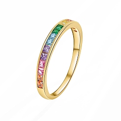 Golden Rainbow Pride Flag Cubic Zirconia Finger Ring, Golden Brass Rings, Golden, US Size 7(17.3mm)