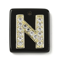 Letter N Природные подвески обсидиана, прямоугольные подвески с латунной микропаве прозрачной кубической циркониевой буквой, реальный 18 k позолоченный, долговечный, стойки покрытие, Письмо N, 21x18x5 мм, отверстие : 1.4 мм