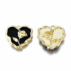 Negro Acumular colgantes de esmalte de la aleación de chapado, sin plomo y cadmio, la luz de oro, corazón con rosa, negro, 20x21x4 mm, agujero: 1.8 mm