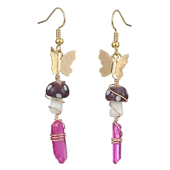 Purple Dyed Natural Quartz Crystal Nugget & Mushroom Lampwork Dangle Earrings, Golden Brass Butterfly Long Drop Earrings, Purple, 63~75x6.5~11mm