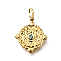 Светло-Синий 304 из нержавеющей стали горный хрусталь подвески, ионное покрытие (ip), плоские круглые и глазные подвески, голубой, 19.5x17x3 мм, отверстие : 4.5x3 мм