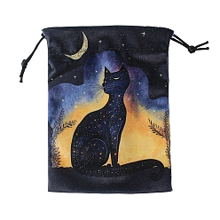 Moon Cat Theme Velvet Printed Storage Pouches, Drawstring Bag, Rectangle, Moon, 18x13cm