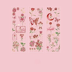 Pink 3 Sheets 3 Styles Rose Waterproof PVC Scrapbooking Stickers, Hot Stamping Self Adhesive Flower Decals, for DIY Scrapbooking, Pink, 220x70mm, 1 sheet/style