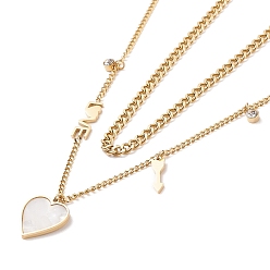 Golden Double Chains Multi Layered Necklaces with Resin Shell Heart and Crystal Rhinestone Charms, Ion Plating(IP) 304 Stainless Steel Jewelry for Women, Golden, 15.16 inch(38.5cm)