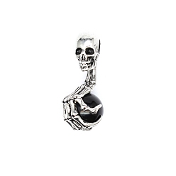 Obsidian Halloween Skull Natural Obsidian Alloy Pendants, Skeleton Hand Charms with Gems Sphere Ball, Antique Silver, 43x19mm
