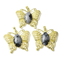 Снежный Обсидиан Естественно снежинка обсидиана подвески, латунные подвески-бабочки, золотые, стойки покрытие, без кадмия и без свинца, 41.5x45x8 мм, отверстие : 8x4.5 мм
