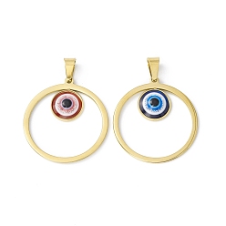 Mixed Color Vacuum Plating 304 Stainless Steel Resin Pendants, Golden, Ring Charms with Evil Eye, Mixed Color, 37x33.5x4mm, Hole: 9x4.5mm