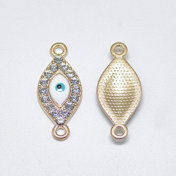 White Light Gold Plated Alloy Links, with Crystal Rhinestone and Enamel, Evil Eye, White, 26x11x2.5mm, Hole: 1.8mm