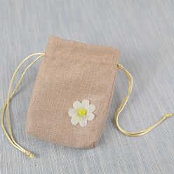 Bisque Burlap Packing Pouches, Drawstring Bags with Flower, Bisque, 14x10cm