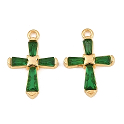Sea Green 304 Stainless Steel & Glass Pendants, Cross Charm, Faceted, Real 18K Gold Plated, Ion Plating(IP), Long-Lasting Plated, Sea Green, 24x17x3.5mm, Hole: 2mm