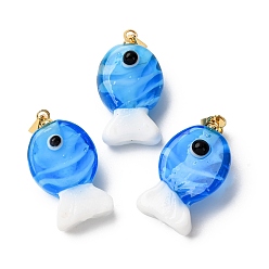 Озёрно--синий Подвески лэмпворк ручной работы, рыбы прелести, с реечной накладкой из латуни с золотистым напылением, долговечный, Плут синий, 23~23.5x12~13x8~10 мм, отверстие : 4.4x3.8 мм