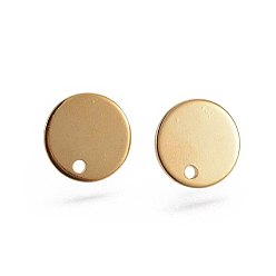Real 24K Gold Plated Flat Plate 201 Stainless Steel Stud Earring Findings, with 304 Stainless Steel Pin, Flat Round, Real 24K Gold Plated, 12x1mm, Hole: 1.5mm, Pin: 0.8mm
