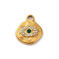 Изумруд 304 из нержавеющей стали горный хрусталь подвески, ионное покрытие (ip), реальный 14 k позолоченный, Злые чары глаз, изумруд, 15x12.5x2.5 мм, отверстие : 2.4x1.6 мм