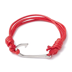 FireBrick Fish Hook Shape 304 Stainless Steel Link Braclet, Waxed Polyester Cord Adjustable Bracelets, FireBrick, Inner Diameter: 2-1/4~3-7/8 inch(5.7~9.8cm)