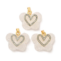 White Butterfly with Heart Shape Resin & Rhinestone Pendant, with Rack Plating Golden Brass Findings, Long-Lasting Plated, White, 21x24x10mm, Hole: 6x3mm