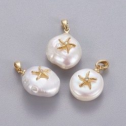 Clear Natural Cultured Freshwater Pearl Pendants, with Brass Micro Pave Cubic Zirconia Findings, Nuggets with Starfish/Sea Stars, Long-Lasting Plated, Golden, Clear, 17~27x12~16x6~12mm, Hole: 4x2.5mm