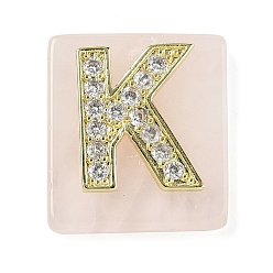 Letter K Природного розового кварца подвески, прямоугольные подвески с латунной микропаве прозрачной кубической циркониевой буквой, реальный 18 k позолоченный, долговечный, стойки покрытие, Письмо K, 21x18x5 мм, отверстие : 1.4 мм