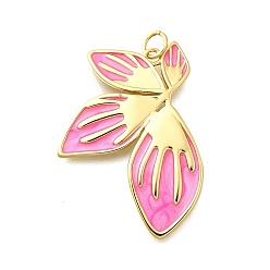 Ярко-Розовый Латунь эмаль подвески, с целью перехода в кольце, без свинца и без кадмия, реальный 18 k позолоченный, цветочный шарм, ярко-розовый, 33.5x24.5x2 мм, отверстие : 3.3 мм