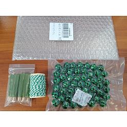 Green 50Pcs Natural Wooden Beads with Tartan Pattern, 10Pcs Polyester Tassel Big Pendant Decorations, 1 Roll Cotton String Threads, for DIY Jewelry Finding Kits, Green, 16mm, Hole: 4mm, 50pcs/bag
