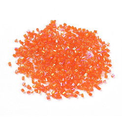 Orange 11/0 Two Cut Round Hole Glass Seed Beads, Hexagon, Transparent Colours Rainbow Plated, Orange, 2~2.5x2mm, Hole: 0.8mm, about 12857pcs/pound