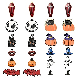 Mixed Color 24Pcs 12 Style Halloween Theme Alloy Enamel Pendants, Mixed Shapes, Mixed Color, 11~25.5x10.5~27.5x1.5~3mm, Hole: 1~2mm, 2pcs/style