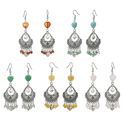 Mixed Stone Natural & Synthetic Mixed Gemstone Heart Chandelier Earrings, Alloy Teardrop Earrings with 304 Stainless Steel Pins, 80x26mm