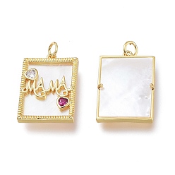 Golden Brass Micro Pave Cubic Zirconia Pendants, for Mother's Day, with Natural Shell and Jump Rings, Long-Lasting Plated, Rectangle with Heart & Word Mama, Golden, 24x17x3mm, Hole: 3.5mm