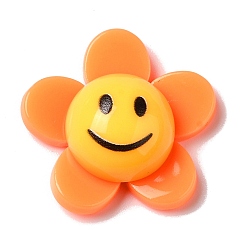 Dark Orange Acrylic Cabochons, Flower with Smiling Face, Dark Orange, 24.5x25.5x8.5mm
