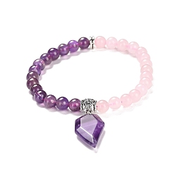 Amethyst Natural Rose Quartz & Amethyst Round Beaded Stretch Bracelets, with Half Heart Charms, Inner Diameter: 2-1/4 inch(5.75cm)