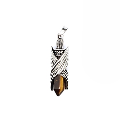 Tiger Eye Natural Tiger Eye Pointed Pendants, Faceted Bullet Charms with Antique Silver Plated Brass Wings, 44x12mm