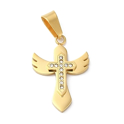 Golden Vacuum Plating 304 Stainless Steel Pendants, with Rhinestone, Cross with Wing Charm, Golden, 28.2x20x3.5mm, Hole: 9x5mm