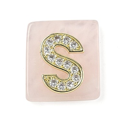 Letter S Природного розового кварца подвески, прямоугольные подвески с латунной микропаве прозрачной кубической циркониевой буквой, реальный 18 k позолоченный, долговечный, стойки покрытие, Письмо с, 21x18x5 мм, отверстие : 1.4 мм