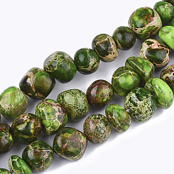 Lime Green Natural Imperial Jasper Beads Strands, Dyed, Tumbled Stone, Nuggets, Lime Green, 8~15x8~12x3~6mm, Hole: 1mm, about 43~48pcs/strand, 15.7 inch
