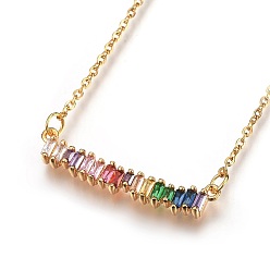 Golden 304 Stainless Steel Pendant Necklaces, with Cubic Zirconia, Rectangle, Golden, 18.8 inch(48cm), 0.5mm