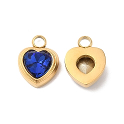 Medium Blue Ion Plating(IP) 304 Glass Charms, with Glass, Heart, Real 14K Gold Plated, Medium Blue, 16x12x6mm, Hole: 3mm