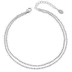 Platinum Rhodium Plated 925 Sterling Silver Multi-strand Ball Chain Anklet with Tiny Oval Charm, Women's Jewelry for Summer Beach, Platinum, 8-1/8 inch(20.5cm)
