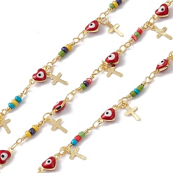 Red Enamel Heart with Evil Eye Link Chains, with Glass Beaded and Brass Cross Charms, Real 18K Gold Plated, Soldered, Long-Lasting Plated, with Spools, Red, 10x5x3.5mm, 14x3mm