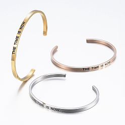 Mixed Color 304 Stainless Steel Inspirational Cuff Bangles, with Enamel & Word Word The Time Is Now, Mixed Color, 2-1/2 inchx2 inch(62x52mm)