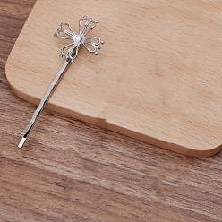 Platinum Iron Hair Bobby Pin Findings, with Flower Brass Findings, Platinum, 55x2mm