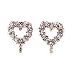 Розовое Золото Латунные серьги-гвоздики из циркония, долговечный, без свинца и без кадмия, сердце, розовое золото , 13x9.5 мм