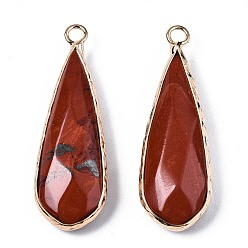 Red Jasper Natural Red Jasper Pendants, with Golden Plated Brass Edge and Loop, Teardrop, Faceted, 36~37x12x6mm, Hole: 2.5mm