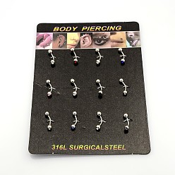 Mixed Color 316L Surgical Stainless Steel Rhinestone Ball Eyebrow Rings, Grade A, Mixed Color, 16x4mm, Pin: 1mm, about 12pcs/board