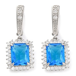 Озёрно--синий Прямоугольные серьги-кольца с паве из кубического циркония из латуни для женщин, платина, Плут синий, 34x14 мм