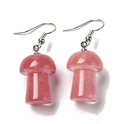 Cherry Quartz Glass Synthetic Cherry Quartz Glass Mushroom Dangle Earrings, Platinum Brass Earrings, 42x15mm