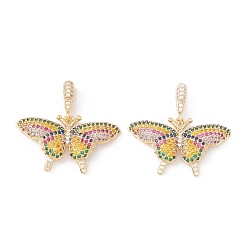 Colorful Brass Micro Pave Cubic Zirconia Pendants, Cadmium Free & Lead Free, Real 18K Gold Plated, Butterfly, Colorful, 18x33x4mm, Hole: 9.5x2mm