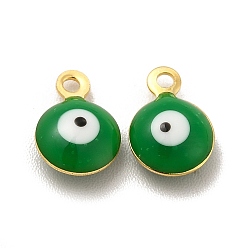 Green 304 Stainless Steel Evil Eye Enamel Charms, Flat Round Charm, Golden, Green, 7.5x6x3mm, Hole: 1mm