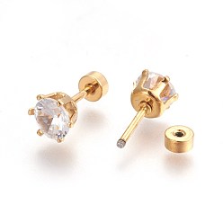 Golden 304 Stainless Steel Earlobe Plugs, Screw Back Earrings, with Rhinestone, Crystal, Golden, 13mm, Rhinestone: 6.5x7x4.5mm, Pin: 1mm